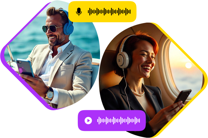 Two adults happily making calls